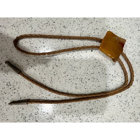 Vtg BOLO Neck Tie-Polished Topaz Color Stone-Cream Braided Leather/Silver Tips - Picture 3 of 6